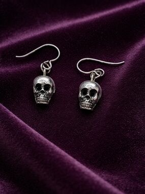 Sterling Silver Skull Drop Earrings on Hypoallergenic Titanium Hooks